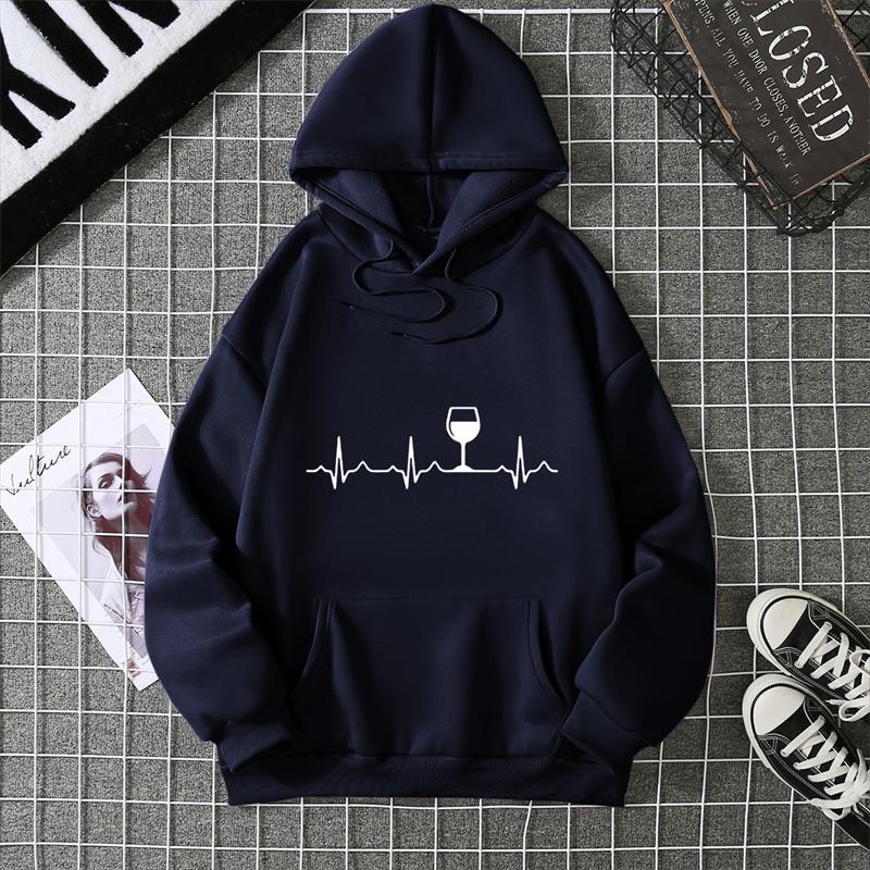 Wine Heartbeat Print Hoodie Sweatshirts Women Long Sleeve O Neck Loose Hoodies Ladies Pullovers Warm Pocket Hooded Jacket