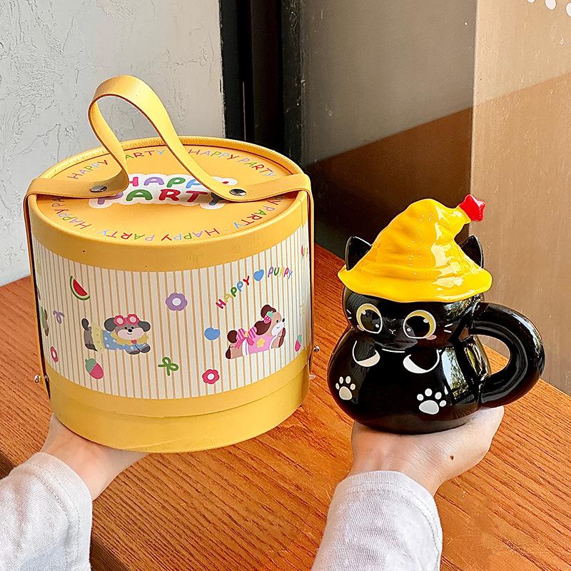 Halloween Magic Hat Cat Water Cup Ceramic Mug with Lid for Girl Girlfriend Birthday Gift Gift Box