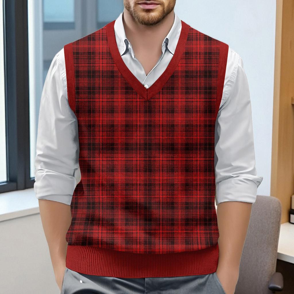 Мужской жилет без рукавов с клетчатым принтом и V-образным вырезом, вязаный джемпер