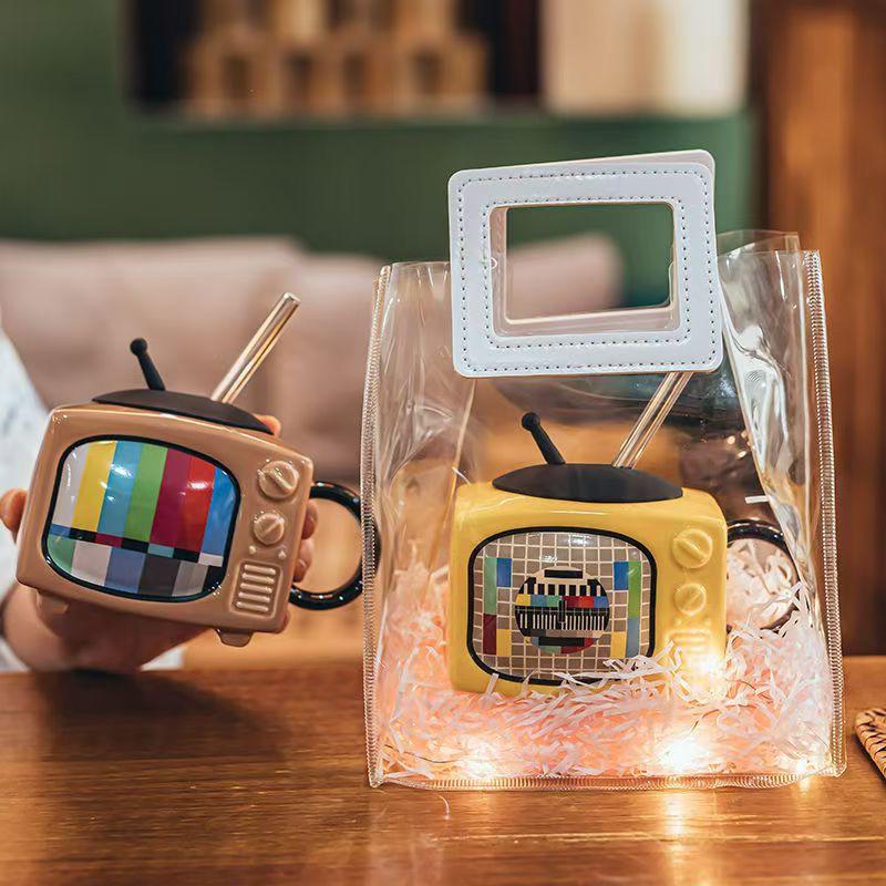 Creative Retro 3D Television Ceramic Coffee Mugs TV Shape Milk Beer Mugs with Cover Household Cup Exquisite Drinking Drinkware