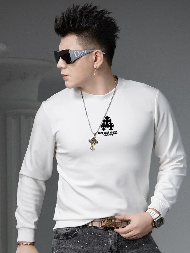 European Style High-End Printed Men's Sweatshirt 2025 Autumn New Trendy Round Neck Long-Sleeve Top Base Shirt for Men