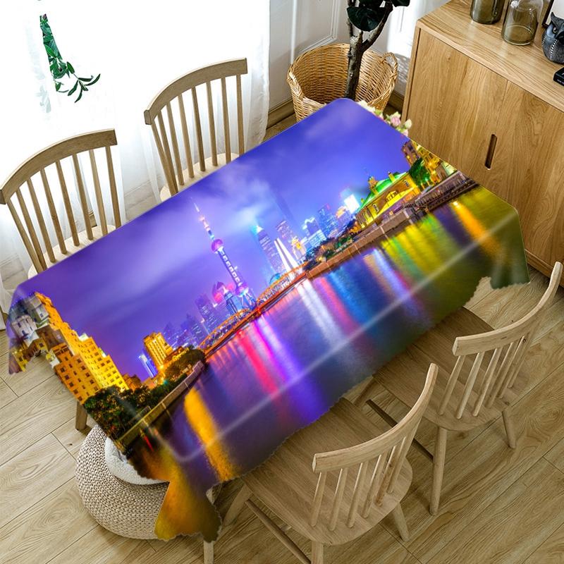Harbour City Nightscape Pattern Tablecloth Dustproof Thicken Cotton Rectangular Round Table Cloth For Wedding Picnic Party