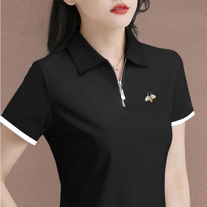 Polo Shirt Zipper Short-sleeved T-shirt Women's New Summer Lapel Casual Middle-aged Mother's Top