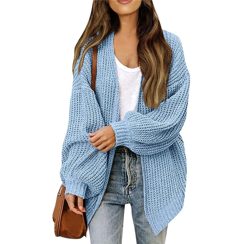 Women's Open Front Knit Cardigan Lantern Sleeve Oversized Sweater Coat