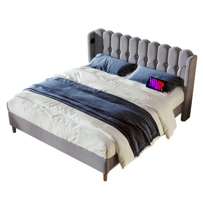 Lit double capitonné - MUVOE - 140 x 200 cm - Tête de lit avec USB - Matelas inclus - Gris