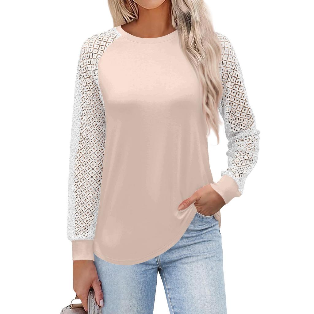 Women's  Long Sleeve  T Shirts Round Neck Lace Tops  Casual Blouses Trendy  Fashion Top