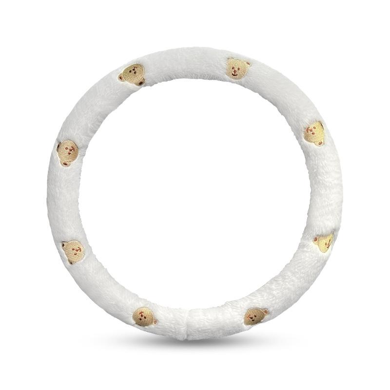 Plush car steering wheel cover with cartoon embroidery, anti slip and wear-resistant car handle cover, winter warm steering whee