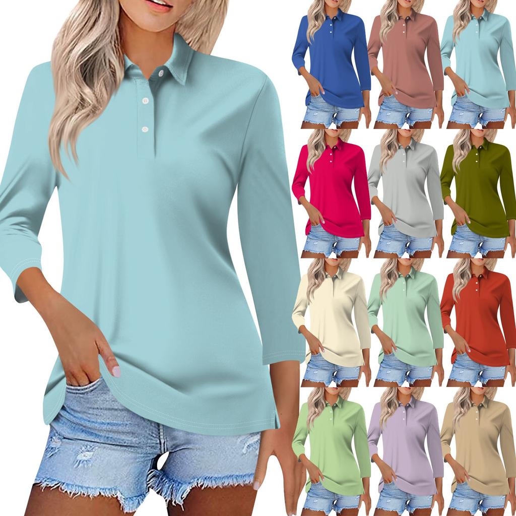 Women's Fashion Casual Lapel Short 3/4 Sleeve Solid Color Shirt Women's Button Up Tops
