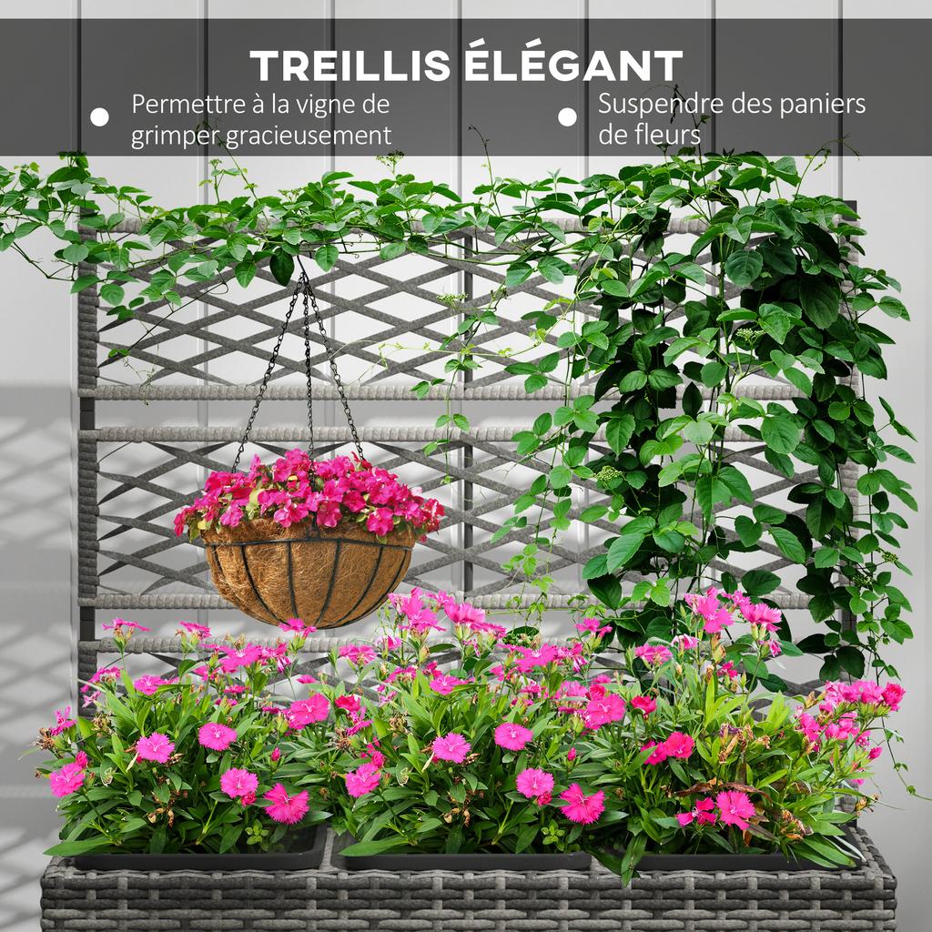 Planter for Plants with Trellis 3 Plant Boxes 33L in Woven Resin and Steel dim. 84L x 30W x 107H cm