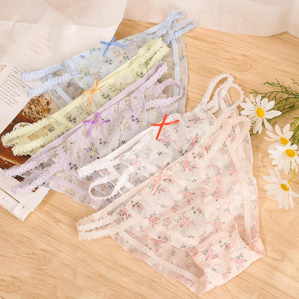 Sexy Sweet Bow Women Transparent Froal Mesh Panties Lingerie Lace Briefs Flower Underwear