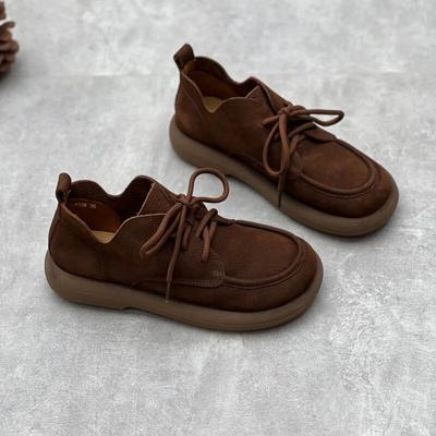 Ретро женская обувь с круглым носком на шнуровке из натуральной кожи на мягкой подошве, однотонные туфли-лодочки из воловьей кожи для отдыха