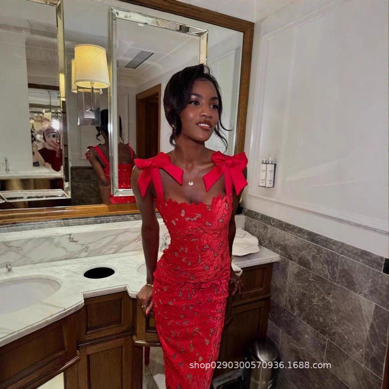 Elegant Bright Red Bow Sling Sexy Formal Dress Vacation Dress with Lining Red Evening Gown