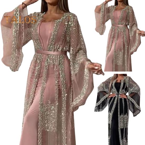 2 Pcs/Set Women Evening Dress Big Swing Shiny Bronzed Cardigan Slip Dress Set See-through Mesh Long Sleeve Coat Cocktail Events Special Occasions