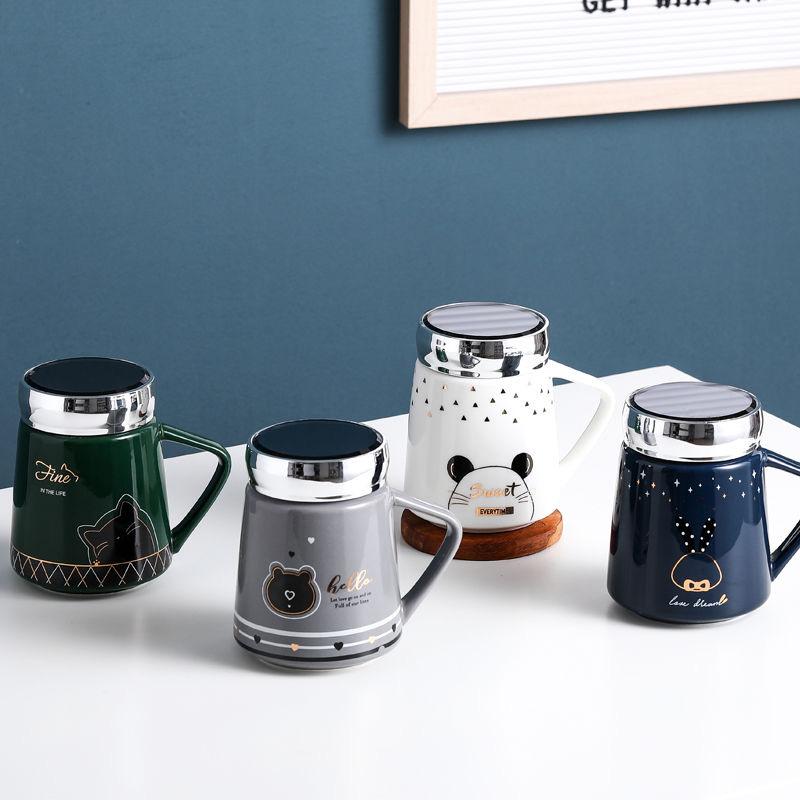 Симпатичная кружка с рисунком из мультфильма, зеркальная крышка, керамическая чашка для воды, кофейная чашка, чашка для молока, кружка, чашка послеобеденного чая