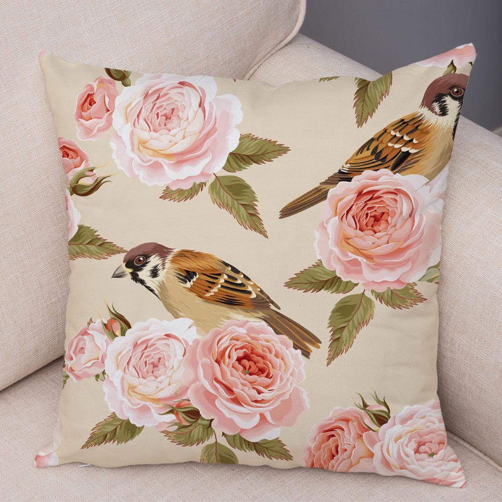 Rose Red Flower Pillowcase Decorative Bird Flower Plant Pillowcase Cushion Sofa Home Car