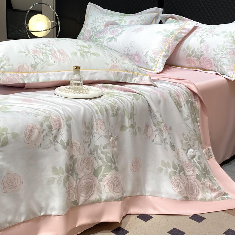 Summer Cool Tencel Quilt Set 4 Piece Includes Summer Blanket Bed Sheet Two Pillowcases Silk Lightweight Quilt For Double Twin Size