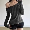 Japanese Basic Slim Long Sleeve Stripe Tee Off Shoulder O Neck Korean Street Style Spring Autumn Y2K Gray Shirt Women