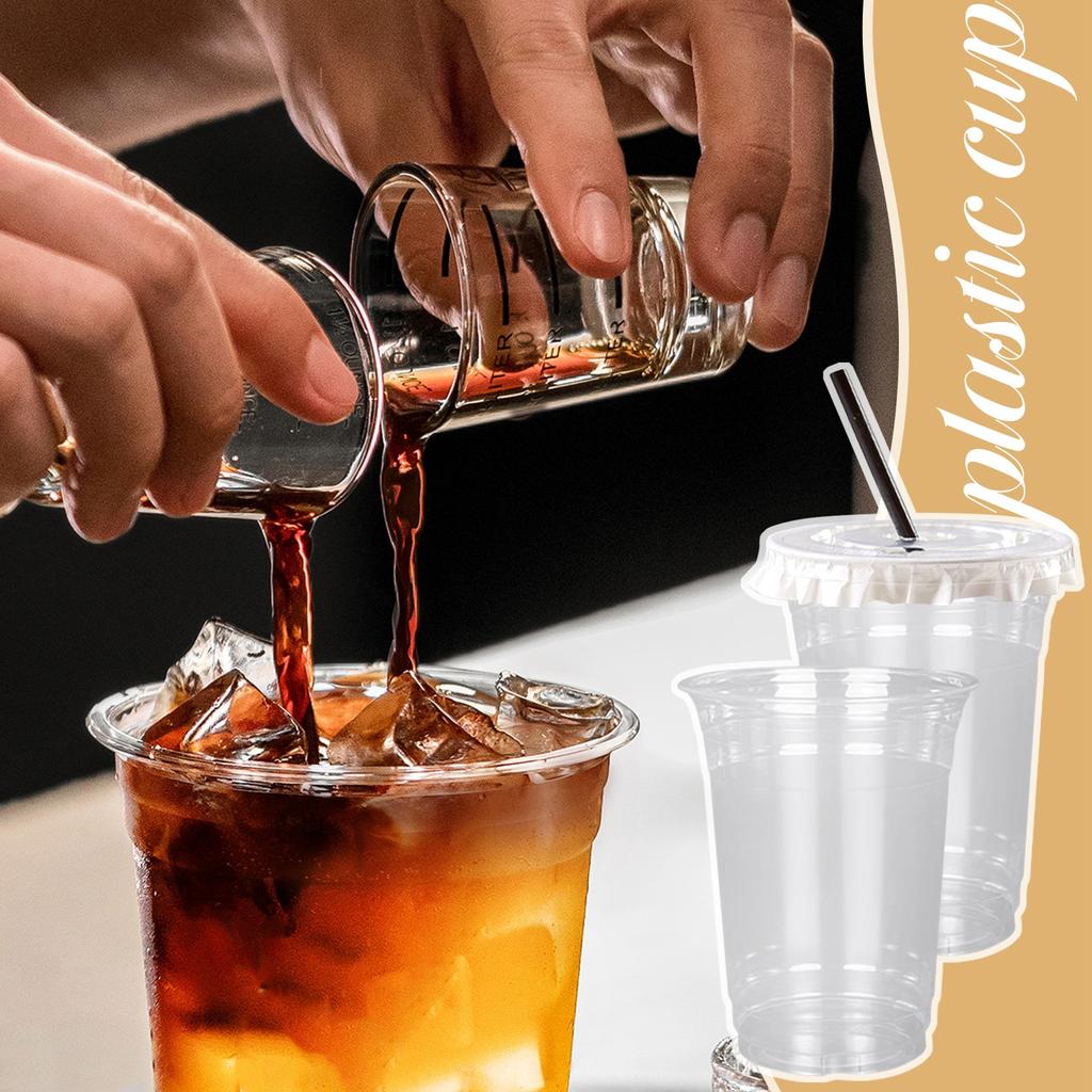 50 шт. прозрачные пластиковые стаканчики с крышками и трубочками, кофейные чашки со льдом и крышками, одноразовые стаканчики. Пластиковые кофейные чашки. Чашки для смузи для холодных напитков.(500мл)