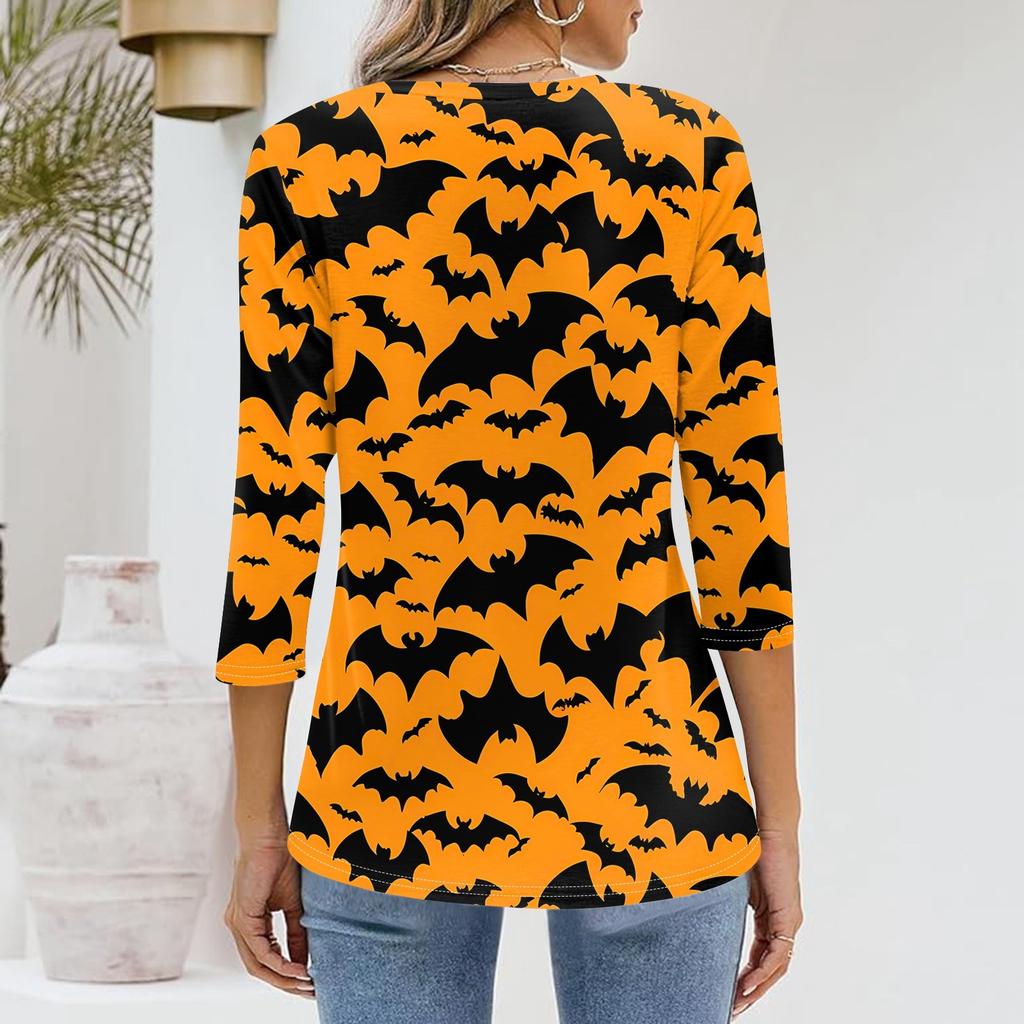 Shirt For Women's Fashion Casual V Neck 3/4 Sleeve Loose Halloween Printed T-Shirt Ladies Top