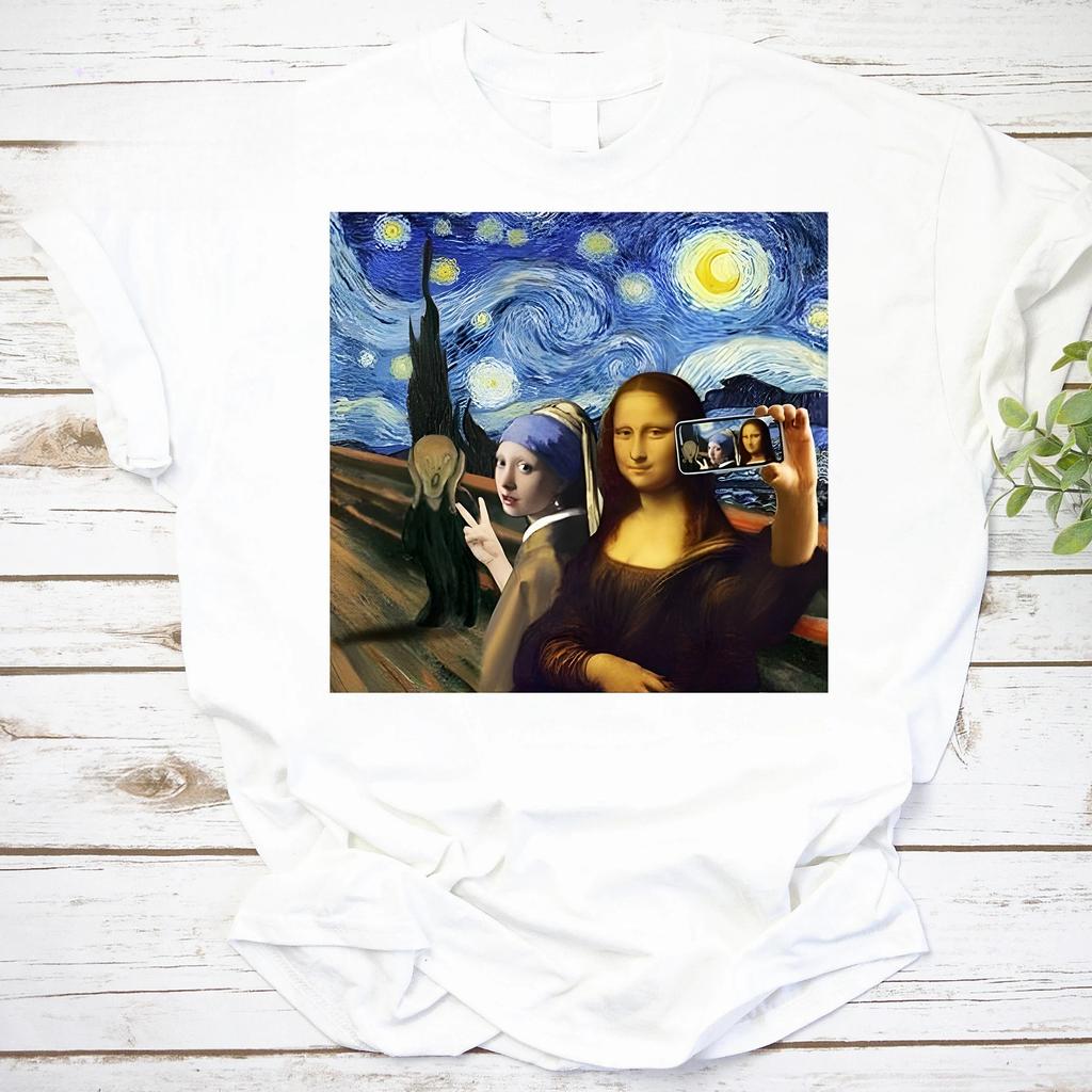Mona Lisa Scream and Selfie Starry Night Van Gogh Vintage Tee Starry Night Shirt Mona Lisa Shirt, Funny Mona Lisa Van Gogh Shirt