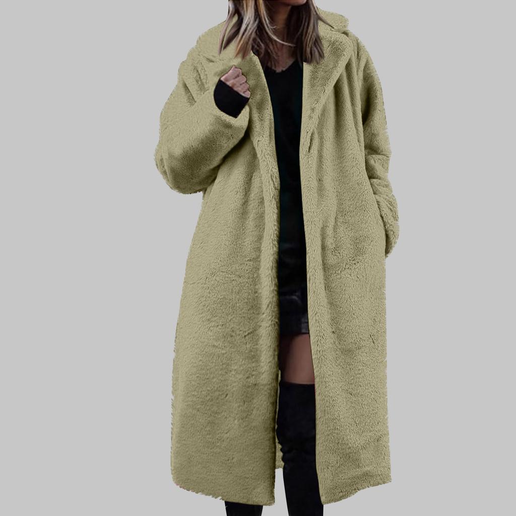 Women's Long Solid Color Fashionable Winter Loose Flip Collar Plush Jacket