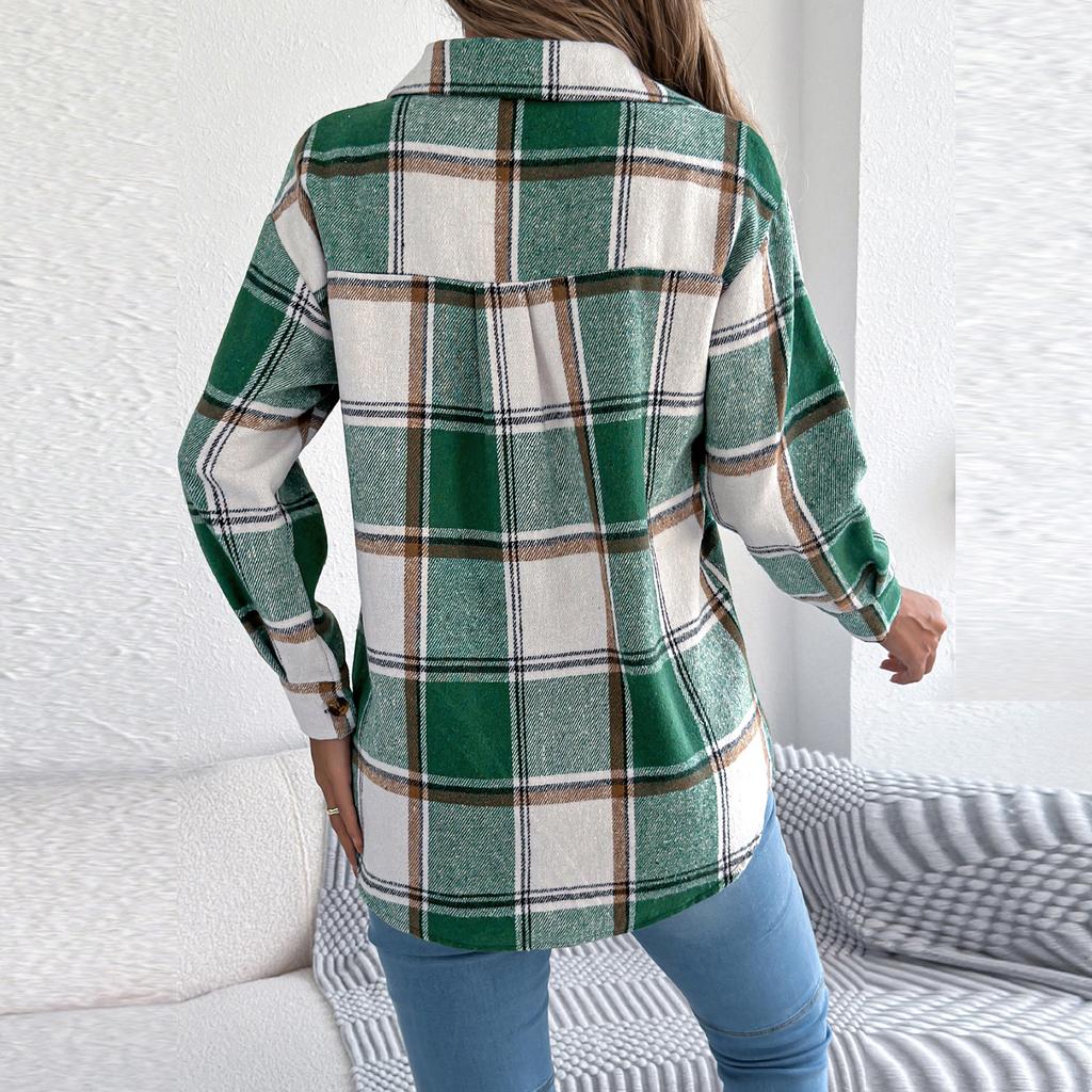 Women's Casual Plaid Fake Pocket Long-sleeved Woolen Mid-length Coat