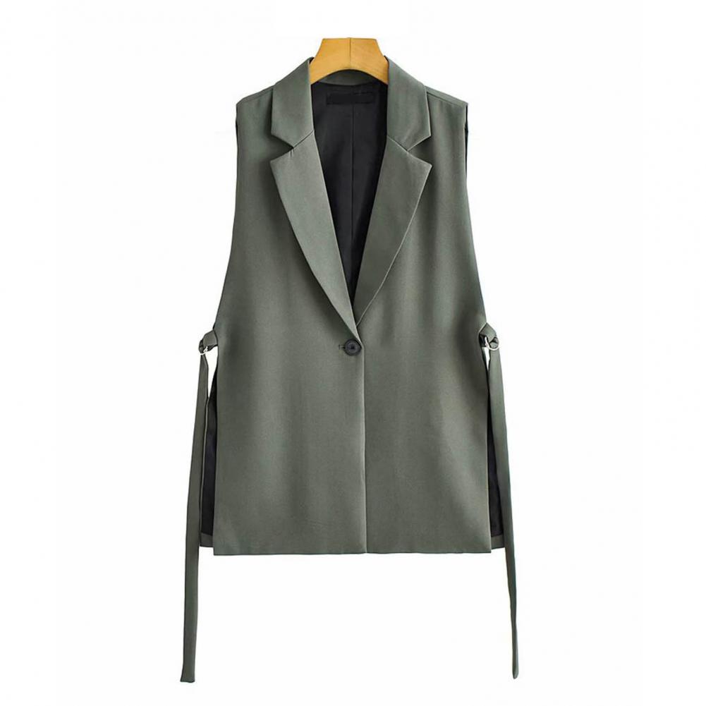 Women Vest Coat Turn-down Collar Sleeveless Loose Solid Color Single Button Cardigan Strap Decor Mid Length Commute Formal Suit