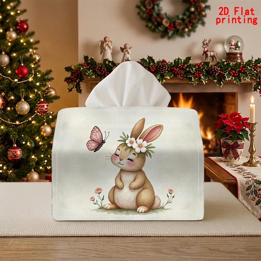 2D Flat 1pc, Tissue Box. Rabbit Wreath Butterfly Pattern Napkin Paper Dispenser, Reusable, Daily Desktop Tissue Storage Box, Suitable for Kitchen Livi