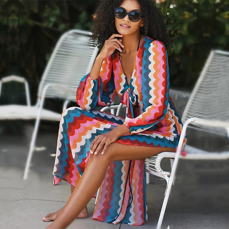 EDOLYNSA Bikini Cover-ups Sexy Bowknot Summer Vacation Maxi Dress Tunic Women Clothes Beach Wear Swim Suit Cover Up Q1466