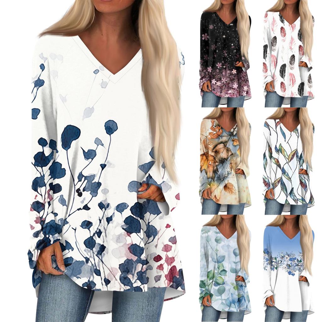 Women's Casual Long Sleeved V-neck Floral Print Long Loose T-shirt Top