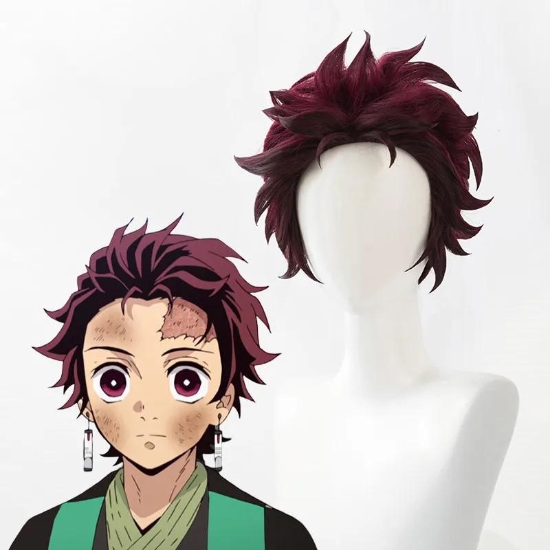 Kimetsu no Yaiba Танджиро Камадо Парик для косплея Короткий Каштаново-коричневый Термостойкие волосы Парики для косплея