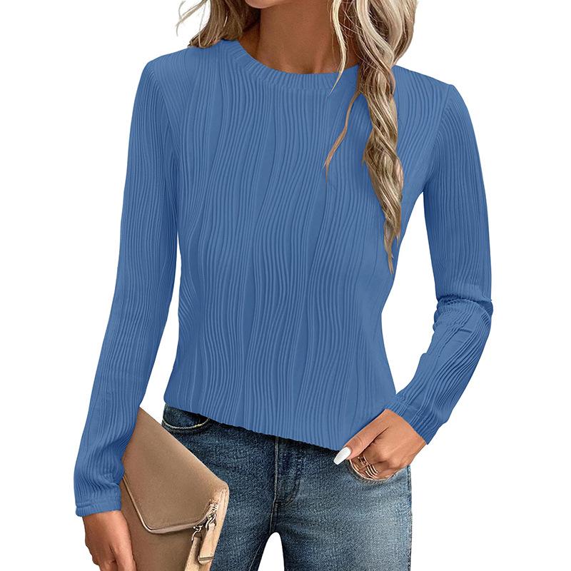 2024 Женская европейская и американская осенняя приталенная однотонная футболка с длинным рукавом и круглым вырезом