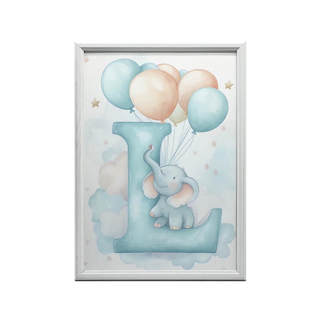 Плакат Буква "I" С Шарами И Слоном Плакат Буква "I" С Шарами И Слоном, 30X40 См, Рама Деревянная Светлый Дуб, Матовая Бумага 230 г/м²