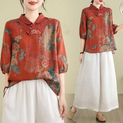 Повседневные блузки в китайском стиле, рубашки для женщин, новое поступление 2024 года, летние винтажные принты, свободные женские хлопковые топы с коротким рукавом, рубашки B3759
