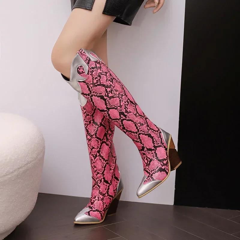 Зимние западные ботфорты до колена женские клиновидные каблуки коричневые фиолетовые черные пэчворк ретро платье острый носок молния ковбойские длинные сапоги