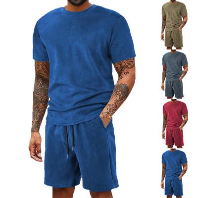 Мужской однотонный повседневный комплект из двух предметов с круглым вырезом и короткими рукавами