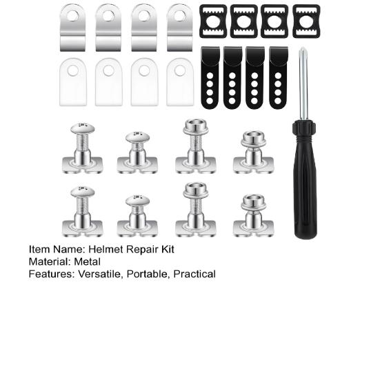 Комплект для ремонта хоккейного шлема из 33 предметов, включая J-образные зажимы, R-образные зажимы для козырька, резиновые прокладки, винты с гайками и отвертку