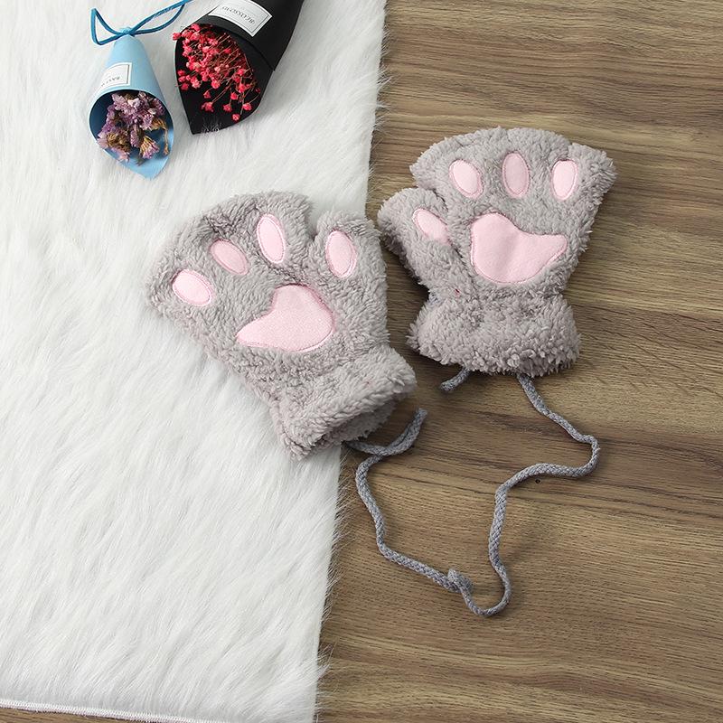 Winter Cute Cartoon Half-Finger Fleece Gloves for Women, Bear & Cat Paw Design.