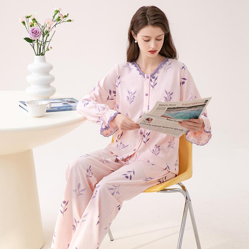 Fenteng 100% Cotton Spring Lace V-Neck Elegant Floral Women's Long-Sleeved Pajama Set