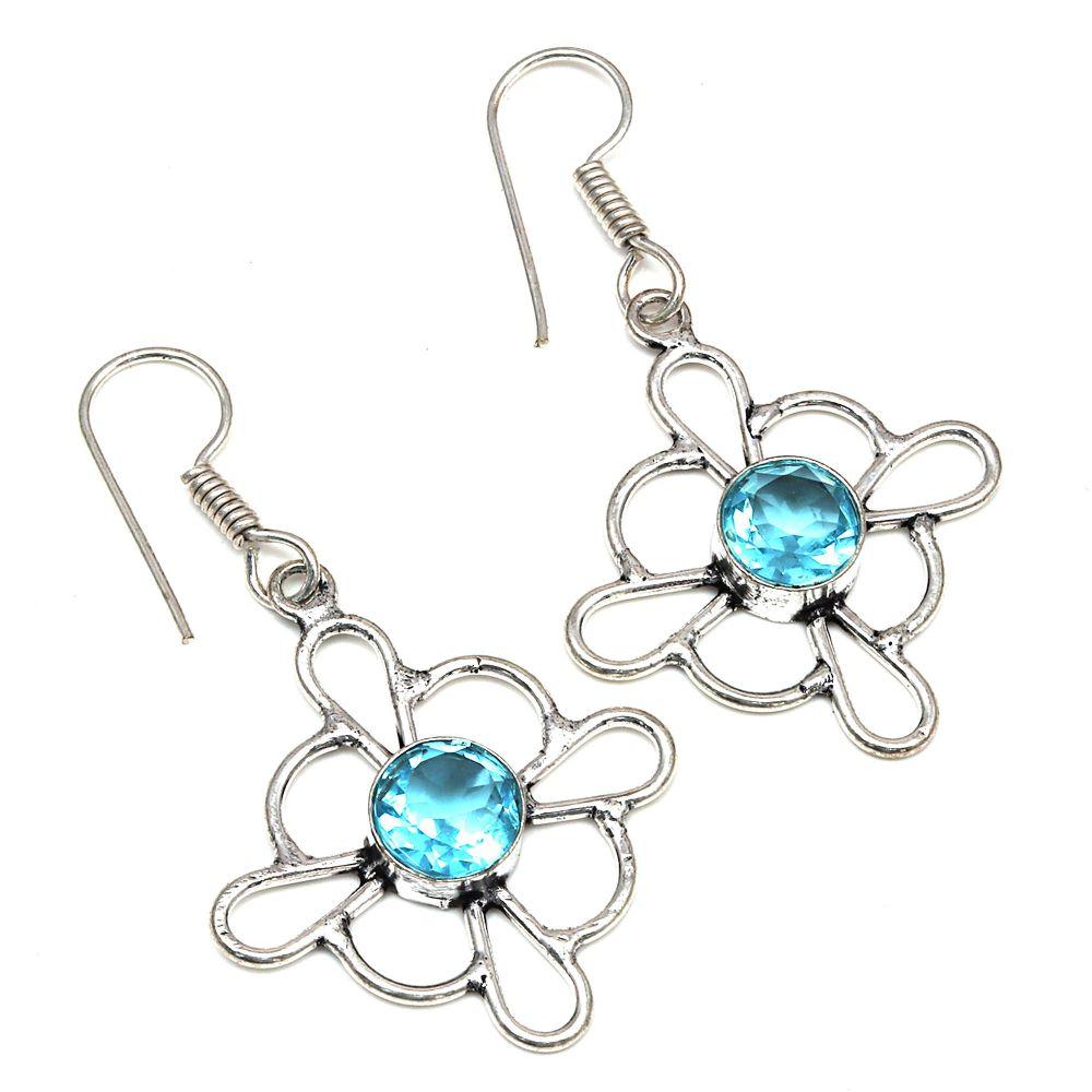 Swiss Blue Quartz Gemstone Gift For Her Silver Jewelry Earrings 1.5''