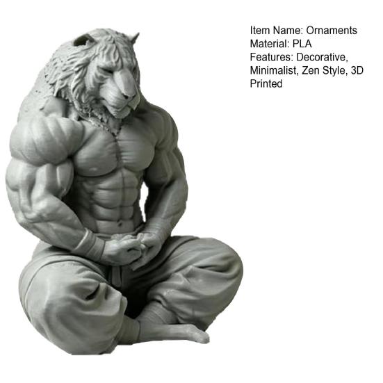 Yousheng 3D Printed Tiger Man Figurine, Muscular Tiger Figure Ornament, Minimalist Animal Sculpture with Muscular Details, Zen Posture Desktop