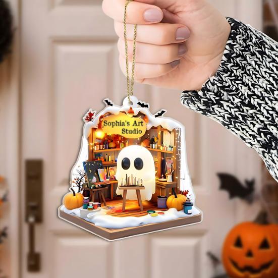 Cute Ghost Reading Book Ornament 2D Acrylic Ghost Pumpkin Window Hanging Decoration for Halloween Home Party Decor