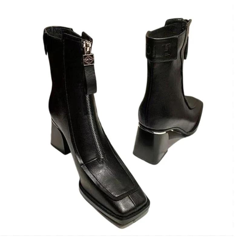 Зимние ботинки на высоком каблуке для женщин, массивные кожаные туфли, женская обувь 2025 года, зимние туфли-лодочки в стиле готики, панка, мотоцикла, Botas De Mujer
