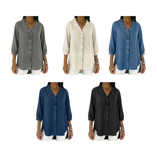 Женские Топы с V-образным вырезом, 3/4 Рукава, с Отделкой Воланами, Свободного Кроя, Однотонные, Повседневные, Рубашки под Джинсу, Для Повседневной Носки