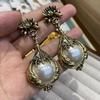 Vintage Baroque Pearl Rose Flower Brass Earrings In Retro Court Style