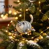 Hand Painted Pottery Effect Flying Chubby Cat Ornament, Vintage 2D Acrylic Kitten Hanging Pendant with Blue Whimsical Bag Charm Stripe Design,