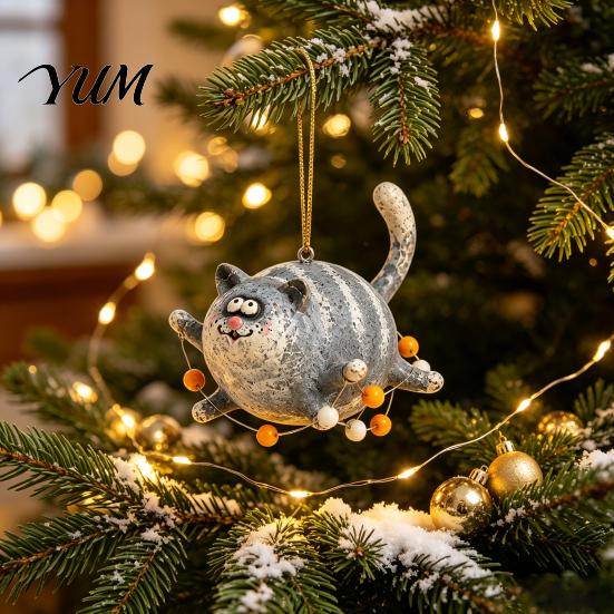 Hand Painted Pottery Effect Flying Chubby Cat Ornament, Vintage 2D Acrylic Kitten Hanging Pendant with Blue Whimsical Bag Charm Stripe Design,