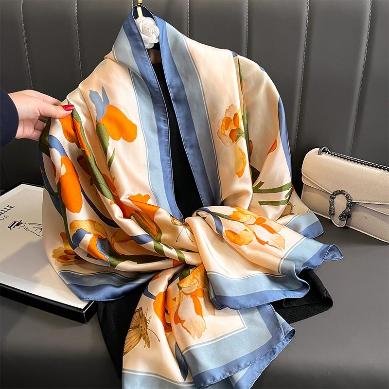 Design Satin Silk Shawl Hijab Scarf Women Fashion Summer Sunscreen Beach Stole Wraps Bufanda Female Headkerchief Echarpe New