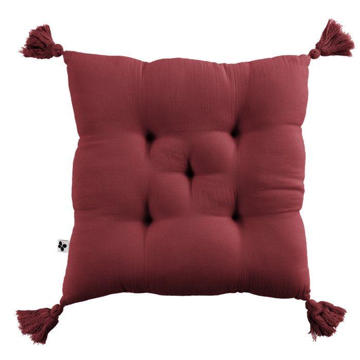 Coussin capitonné 5 points avec pompons "Gaïa" 40 x 40 cm "Gaze de Coton" - Gaïa Lie de Vin