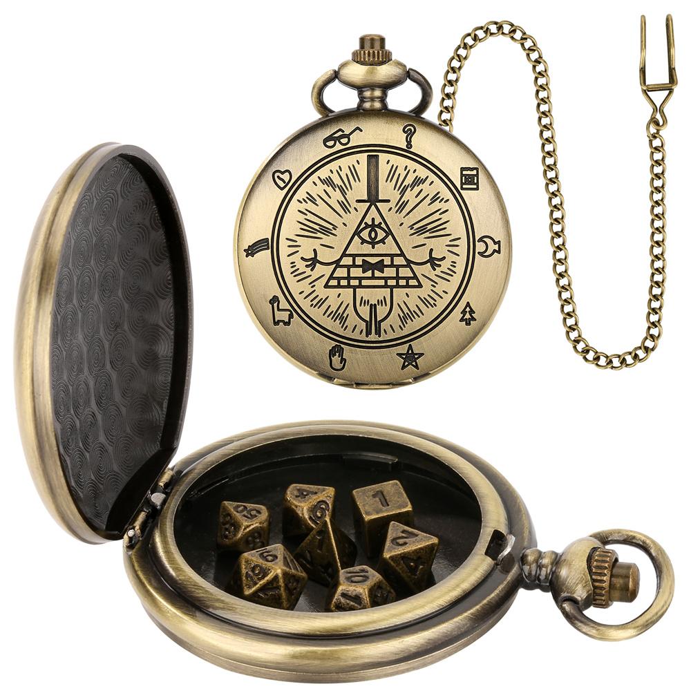 Vintage Bronze/Grey Black Pocket Watch Case with Mini Entertainment Dices Pocket Chain Birthday Gifts